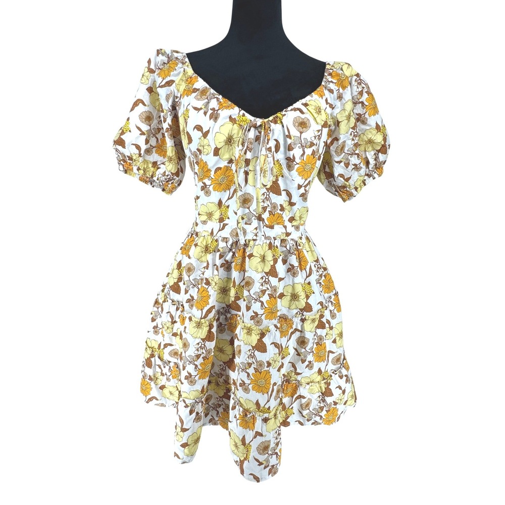 Forever 21 Milkmaid Babydoll Puff‎ Sleeve Mini Dress Brown Sweetheart Neckline L